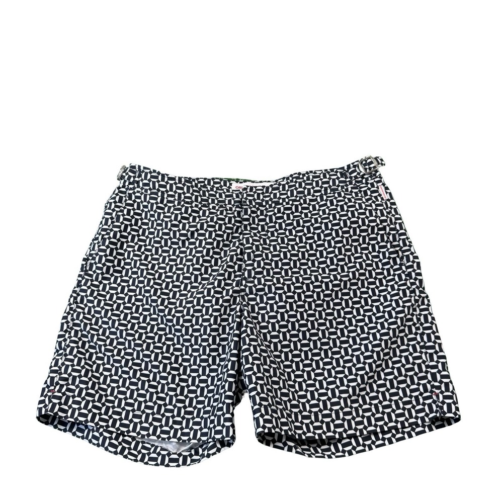 Orlebar Brown Bulldog Navy White Geometric Side Tab Mens Swimtrunks Size 32 Mint